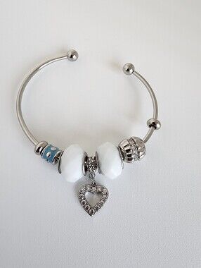 Silver Tone Charm Bangle Bracelet Removable Charms Heart Dangle White Beads